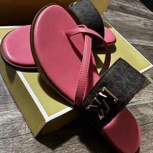 Michael Kors Pink and Brown Logo Strap Sandals